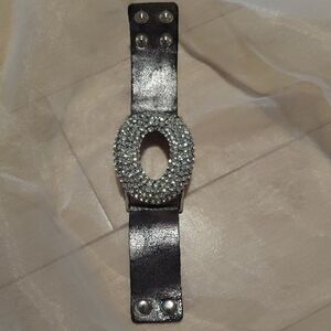 Black Leather Bracelet with Silver Rhinestone Buckle
